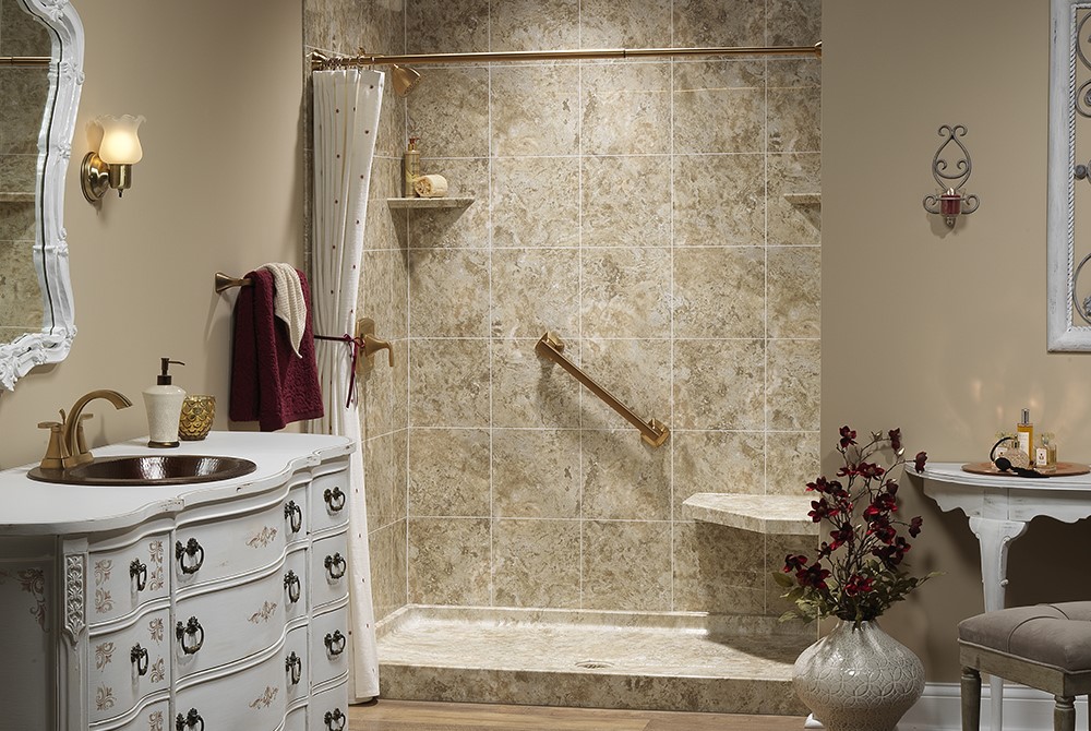 A modern bathroom featuring a walk-in shower and a stylish vanity with a mirror.